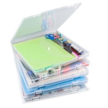 Imagem de OUPSAUI Caixa organizadora de papel para scrapbook de 30 x 30 cm, pacote com 5 caixas de armazenamento de arquivos de plástico empilháveis para documentos, materiais de arte, revistas, artesanato