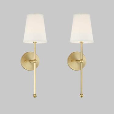 Imagem de Luminária de parede clássica rural, luminária de parede com abajur de tecido vintage com suporte de coluna linear de níquel/latão, luminária de banheiro têxtil alargada branca de fazenda, lu