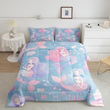 Imagem de Conjunto de edredom Queen de sereia rosa e roxo, estrela do mar, coral e estrela-do-mar, 3 peças, para decoração de quarto de crianças, meninas, mulheres, adolescentes, conjunto de colcha de sereia de