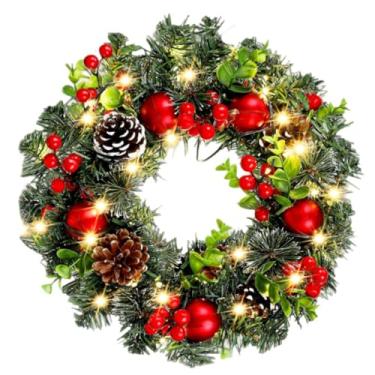 Imagem de Guirlanda de Natal de 61 cm para porta da frente, parede, janela, coleção artificial de inverno, guirlandas de Natal com luzes para decorações de festas de fim de ano com pinhas, cachos de frutas