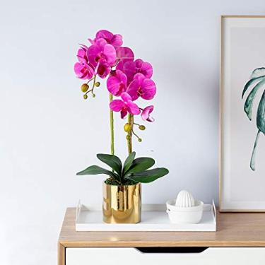 Imagem de DCYEQRQ Flor artificial em vaso de seda Phalaenopsis arranjo de flores artificiais orquídeas com vaso, mariposa de toque real, borboleta, flor, artificial, casamento, hotel,