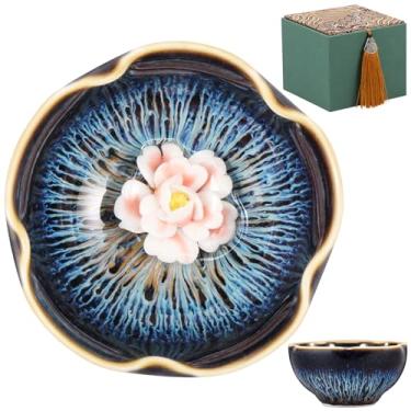 Imagem de Xícara de chá de cerâmica de 85 g Kungfu Tigela de chá requintada de porcelana vintage para coleção de chás de café (azul marinho, peônia)