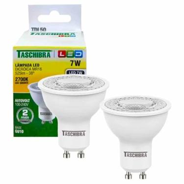 Imagem de 2 Lâmpada De Led Dicróica Mr16 Tdl50 7w Gu10 Taschibra 2700k
