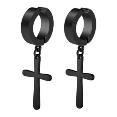 Imagem de Par de Brincos Estilo Argola Cruz Preto Pressão Banhado Unissex