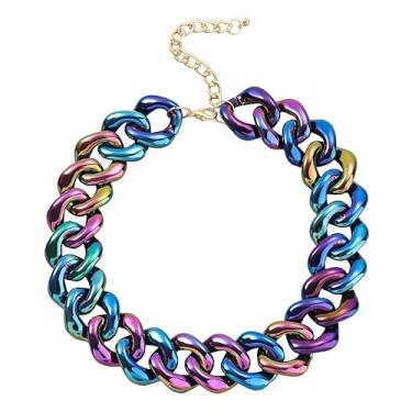 Imagem de Colar Corrente Grossa Acrílica Azul Rosa Holografico Grande Max-Maxi Colar Resina Elo Grosso Quadrado Furta Cor Colorido Statement- Presente Feminino Elos Grandes Moderno Maximalista Datas Especiais Festa Namorada Amiga Esposa