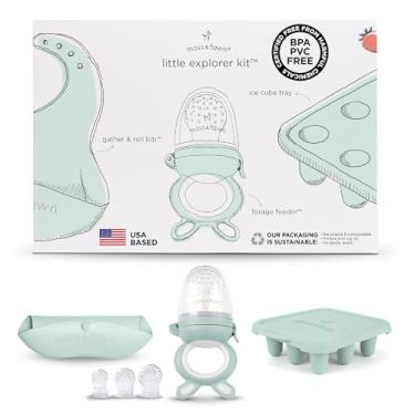 Imagem de Moss and Fawn Little Explorer Kit - Silicone Frozen Breast Milk Popsicle Kit with Forage Feeder, Teething Popsicle Ice Cube Tray, & Gather & Roll Baby Feeding Bib - BPA, PVC, & Lead-Free - Fern