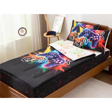 Imagem de NTBED Jogo de cama solteiro com zíper estampado gamer, para crianças, meninos, leve, de microfibra, tie dye, jogo de edredom com lençol com elástico, preto