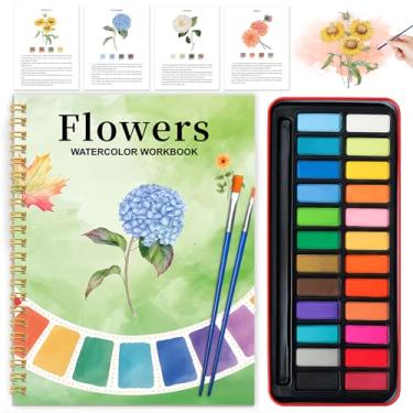 Imagem de Livro de exercícios em aquarela - Kit de pintura amigável para iniciantes, livros de aquarela para adultos, presente de exploração para adultos e adolescentes (flores, paleta de 24 cores)