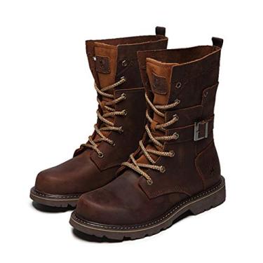 Imagem de Bigfanshu Botas militares masculinas de couro PU vintage botas masculinas de combate táticas masculinas de velcro com cadarço sem cadarço e cano médio Oxford e Derby, Marrom, 39 BR G