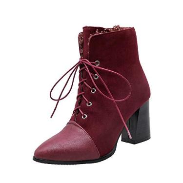 Imagem de Bigfanshu Botas femininas de cano curto e botas 2019 outono e inverno novas tiras cruzadas pontiagudas com salto alto Wobooties, Vinho tinto, 47 M EU