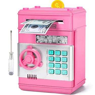 Imagem de Cofrinho ATM para meninos e meninas, Vcertcpl Mini ATM Cofre de moedas com senha, pote seguro para crianças para adultos com compartimento para notas de garra automática, ótimo banco de brinquedos de