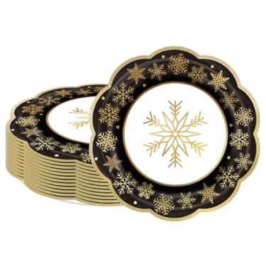 Imagem de LeZakaa 25 peças de pratos de papel de Natal, floco de neve preto, folha dourada, acabamento estampado, borda recortada, pratos de festa descartáveis para utensílios de mesa decorativos para jantares