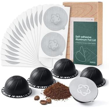 Imagem de Cápsulas reutilizáveis Vertuo recarregáveis de café com folhas de alumínio expresso para máquinas de café Nespreso Vertuo GCA1 e De'Longhi ENV135S (100 peças + 3 + 2)
