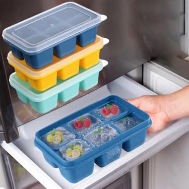 Imagem de Conjunto de moldes de cubo de gelo de silicone – pacote com 3 unidades de liberação fácil de BPA com tampas à prova de vazamento e design empilhável para uísque e coquetéis (azul amarelo e verde)