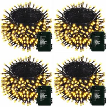 Imagem de Pacote com 4 luzes de Natal de 400 LEDs operadas por bateria interna/externa com temporizador e 8 modos de luzes de árvore de Natal de fio verde à prova d'água para decoração de jardim e Natal (branco