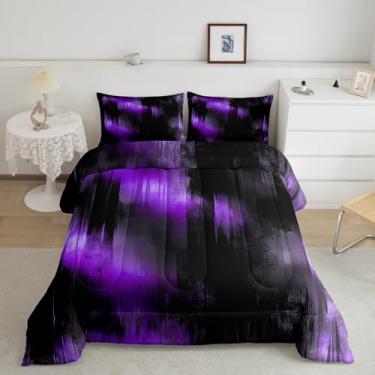Imagem de Feelyou Conjunto de cama king abstrato, para crianças, roxo e preto, para meninos e meninas, arte abstrata, conjunto de edredom de microfibra macia