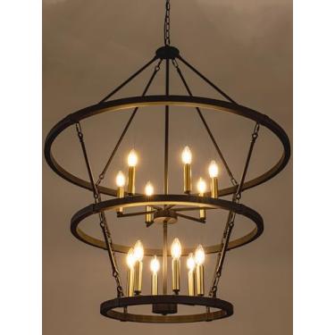 Imagem de Wellmet Lustre 116.8 cm 3 camadas, preto, meados do século, moderno, sala de jantar, luminária, contemporâneo, regulável, casa de fazenda, grande teto alto, vagão de roda para quarto, sala de estar