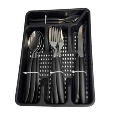 Imagem de Conjunto de Talheres 17 Peças, Faqueiro com Porta Talher em Aço Inox e Plástico, Preto, 4 Colheres de Mesa, 4 Garfos, 4 Facas, 4 Colheres de Sobremesa