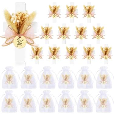 Imagem de 24 conjuntos de lembrancinhas de festa de batismo para convidados de primeira comunhão, ímã de batismo de cruz de madeira com flores para festa de chá de bebê Bless, presente de batismo, revelação de