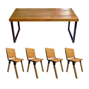 Imagem de Conjunto Mesa Industrial Bernardo Madeira Maciça 1,30mx80cm C- Ferragem Preta E 4 Cadeiras Detroit Marrom