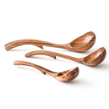 Imagem de Gudamaye Conjunto De 3 Conchas De Sopa De Madeira, 3 Ganchos Para Tigela, Panela. Concha De Madeira De Teca Natural, Concha De Sopa Grande De 10,6 Polegadas, Colher De Servir De 9 Polegadas E Concha