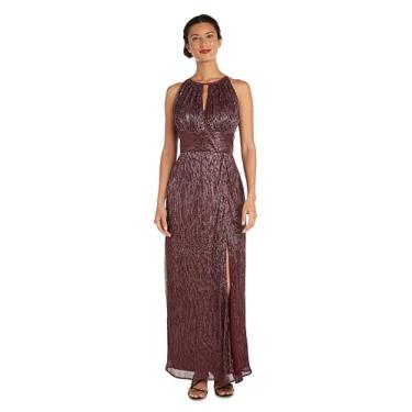 Imagem de R&M Richards Vestido maxi feminino metálico enrugado com fechadura, fenda e cintura franzida, Merlot, 44