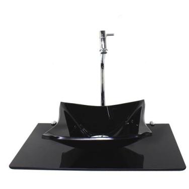 Imagem de Kit cuba de vidro quadrada 10mm com tampo 50cm preto full e suporte cr