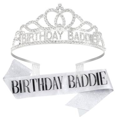 Imagem de Canitor Tiara de aniversário Baddie, decorações de aniversário, acessórios, lembrancinhas de festa, suprimentos para mulheres adultas e meninas, Prata, one size fit all