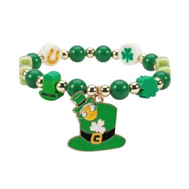 Imagem de Jocbean Pulseira de contas de dia de São Patrício com pingente de chapéu de duende verde irlandês Lucky Shamrock