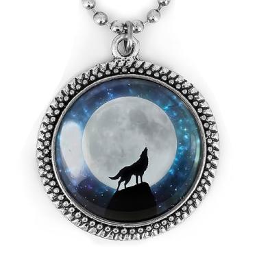 Imagem de Colar com silhueta de lobo - Pingente Uivo na Lua, joia artesanal de animais espirituais, prata ou preto - 971-RN, Large, Metal, Sem Pedra Preciosa