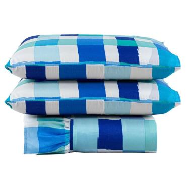 Imagem de Kit Cobre Leito Colcha Turin Casal Estampada C/ Babado 400 Fios 3 Peças Xadrez Quadriculado Azul