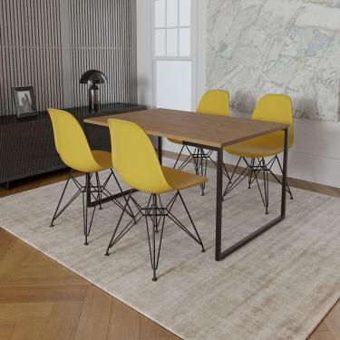 Imagem de Mesa Industrial Base Ferro Preto 137X90 Tampo Amêndoa 4 Cadeiras Eiffel Ferro Preto Assento Amarelo