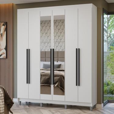 Imagem de Guarda-roupa Casal Com Pés 6 Portas Batentes Com Espelho Branco/branco/preto Netuno Madesa