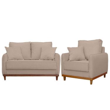 Imagem de Kit Poltrona E Sofa Sena 2 Lugar Base De Madeira Para Sala Hotel Linho Bege