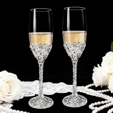 Imagem de Jozen Gift Taças de champanhe prateadas - taças de brinde de casamento para ele e ela, celebrações de noivado, chá de panela e ideia de registro, taças de vinho altas para presentes de noiva e noivo