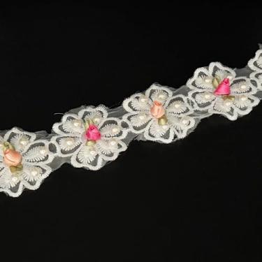 Imagem de 1 jarda vintage contas brancas pérola flor acabamento em renda tecido rosa floral bordado apliques costura renda para casamento vestido de noiva roupas fantasia chapéu decoração (padrão branco 1, 1