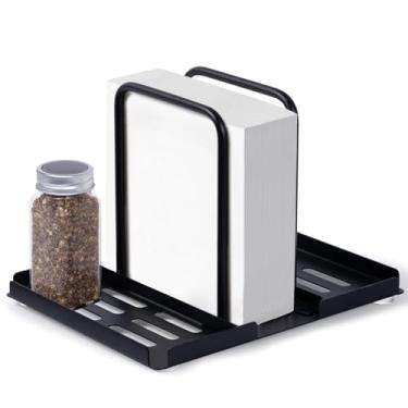 Imagem de Porta-guardanapos de metal 2 em 1 e suporte para temperos, dispensador de guardanapos de papel ajustável com almofadas antiderrapantes, base ventilada sem bagunça, para decoração de mesa de cozinha