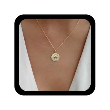 Imagem de TseanYi Colar com pingente de moeda de ouro vintage, zircônia cúbica, colar de disco com olho de diabo, círculo, olho de moeda, gargantilha, colar ajustável, proteção de disco, colar de corrente