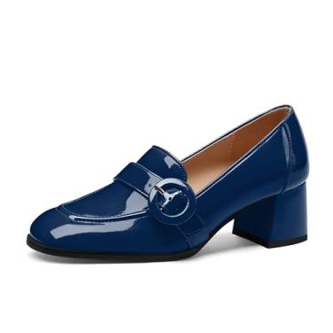 Imagem de GOFOURTHAT Mocassim feminino salto grosso salto bloco sem cadarço bico quadrado 5 cm salto baixo clássico escritório vestido casual sapatos, Patente azul marinho, 37