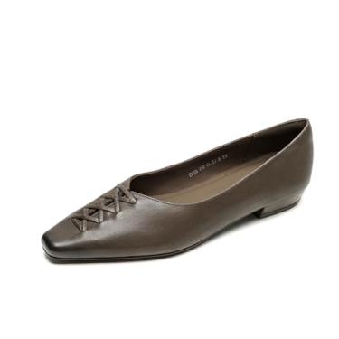 Imagem de TinaCus Mocassim feminino de couro legítimo, bico quadrado, feito à mão, sem cadarço, Cáqui cinza, 38