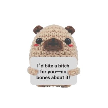 Imagem de Adorável Pug crocheted à mão – Acompanhante de apoio emocional positivo de 7,5 cm com cartão motivacional, decoração divertida de cachorrinho de mesa para escritório/casa, presente para amigos/colegas