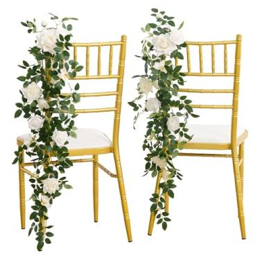 Imagem de Angela flower 4 peças de decoração de cadeira de casamento corredor banco de igreja swag flores artificiais rosa branca verde guirlanda pendurada para cerimônia cadeira recepção traseira decoração
