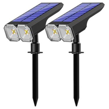 Imagem de Pacote com 2 holofotes solares à prova d'água, cabeça ajustável de 90°, 8 modos de cor RGB, carregamento USB e solar, construção abdominal para jardins, caminhos, pátios e muito mais