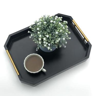 Imagem de Bandeja de servir com alças de metal polido, bandeja hexagonal para mesa de café, bandeja decorativa retangular moderna, bandeja otomana grande, perfeita para armazenamento e exibição (retângulo