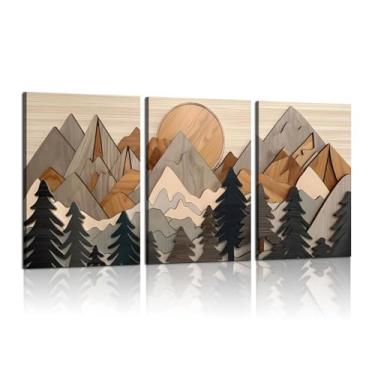 Imagem de Conjunto de 3 telas de montanha arte de parede grande floresta decoração de parede imagens xilogravura de madeira paisagens impressas paisagem abstrata pintura natural para sala de estar quarto