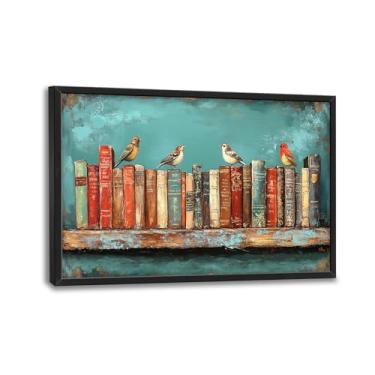 Imagem de Olivine Arte de parede grande, decoração de parede de fotos de prateleira de livros, pintura de canto de leitura azul-petróleo, impressões em tela de pássaros, arte emoldurada para sala de jantar