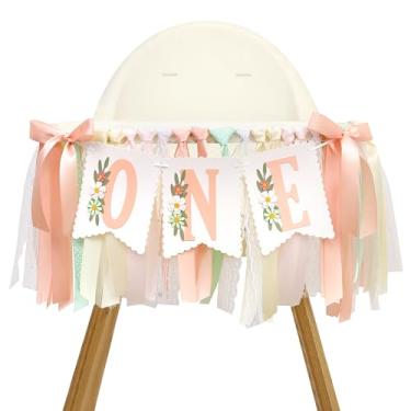 Imagem de Banner de cadeira alta Flower Sweet One - Decorações de festa de 1º aniversário de primavera, faixa colorida de flores, faixa de festa, guirlanda de cadeira alta com laço boho, guirlanda de cadeira