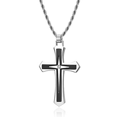 Imagem de REchoLI Colar de cruz para homens, aço inoxidável com detalhes de cristal cruz preto/prata pingente religioso joia cristã 60 cm/23,6 polegadas, Aço inoxidável, Sem Pedra Preciosa