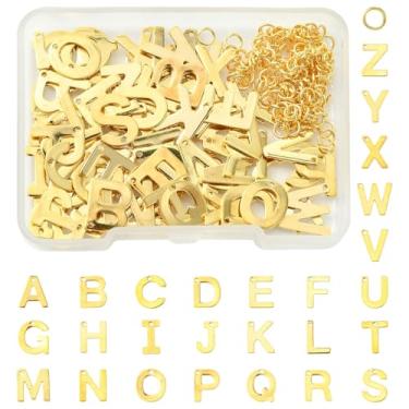 Imagem de MakemadeDIY 104 pingentes de aço inoxidável com letras douradas, pingentes de aço inoxidável A-Z, pingentes de metal maiúsculo do alfabeto com 120 anéis de salto, para melhor amigo, casal, pulseira