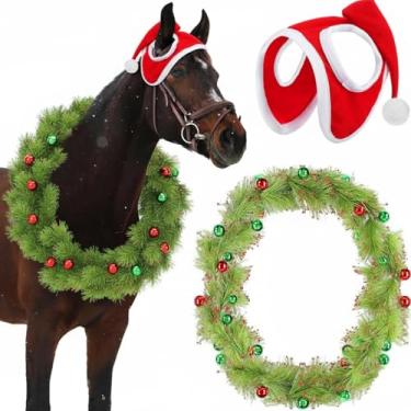 Imagem de Dansydaisy 2 peças de acessórios de fantasia de cavalo de Natal, guirlanda de pescoço de cavalo de 188 cm verde limão com chapéu de Papai Noel para decoração de festas de Natal, suprimentos para